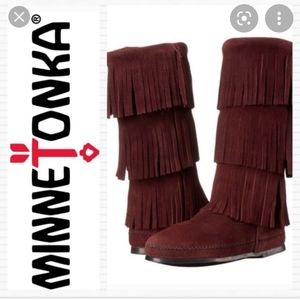 Minnetonka Moccasin - Burgundy  3 Layer Fringe Boots